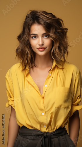 Stylish girl with cool haircut, looking at camera with smile. Portrait of joyful lady in summer outfit. Yellow background. High quality photo. 