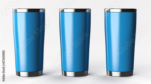 Wallpaper Mural Set of Blank Empty Stainless Steel Metallic Tumbler Cup with Lid, Isolated on White Background. Water Bottle, Product Mock-up - Coffee or Tea Tumbler, Travel Cup, 3D Render, Packaging. Generative AI. Torontodigital.ca