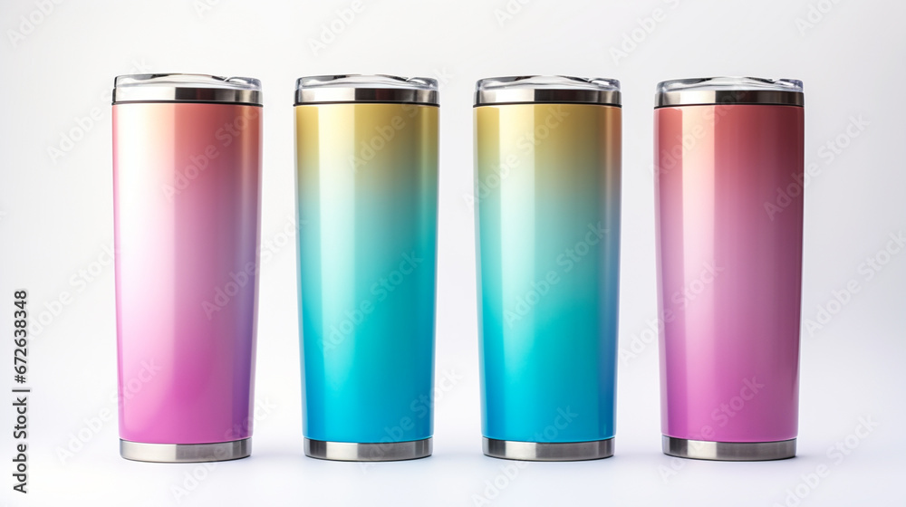 Set of Blank Empty Stainless Steel Metallic Tumbler Cup with Lid, Isolated on White Background. Water Bottle, Product Mock-up - Coffee or Tea Tumbler, Travel Cup, 3D Render, Packaging. Generative AI. Set of Blank Empty Stainless Steel Metallic Tumbler Cup with Lid, Isolated on White Background. Water Bottle, Product Mock-up - Coffee or Tea Tumbler, Travel Cup, 3D Render, Packaging. Generative AI.