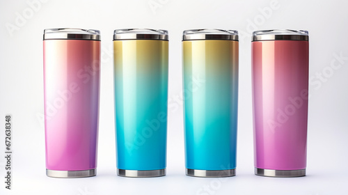 Set of Blank Empty Stainless Steel Metallic Tumbler Cup with Lid, Isolated on White Background. Water Bottle, Product Mock-up - Coffee or Tea Tumbler, Travel Cup, 3D Render, Packaging. Generative AI.
