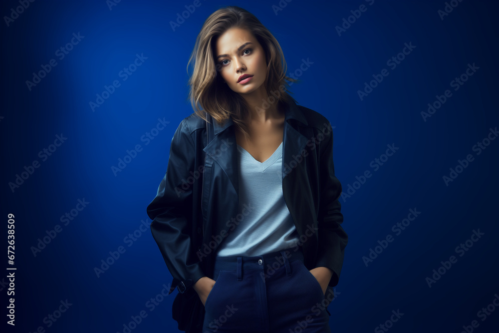 Beautiful fictional rocker girl portrait. Woman wearing leather jacket. Generative AI. Beautiful fictional rocker girl portrait. Woman wearing leather jacket. Generative AI.