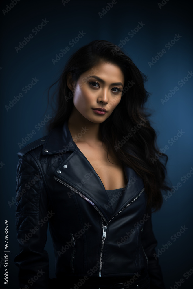 Beautiful fictional rocker girl portrait. Woman wearing leather jacket. Generative AI. Beautiful fictional rocker girl portrait. Woman wearing leather jacket. Generative AI.
