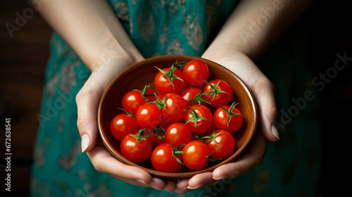 Hands holding a small bowl with fresh cherry tomatoes photo