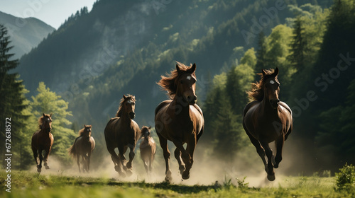 wild horses running in the distance over hills