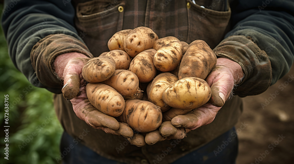 Hands holding freshly harvested potatoes - obrazy, fototapety, plakaty 