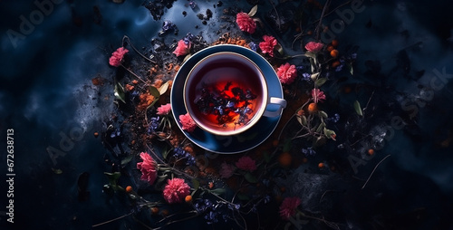 aerial view of a dark cup of tea surrounded