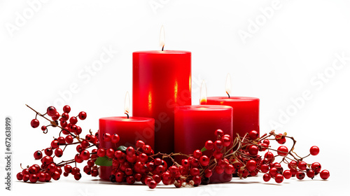 Christmas Burning Red Candles decorated with red berries, on transparent png. Ai generative.