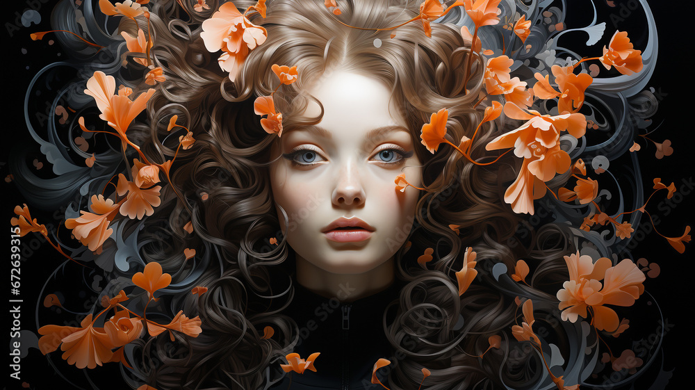 Colourful and vibrant portrait of a woman wearing autumn flowers.