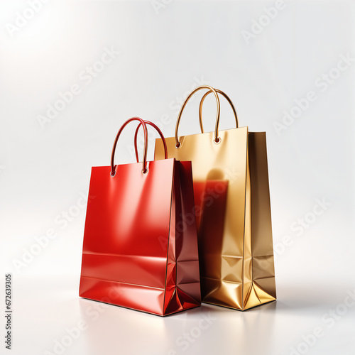 Sacolas de compras de papel dourado e vermelha com alça de fita. Embalagem de papelão butique, pacote de papel de loja, pacote de compras isolado, simulação 3d. Modelo realista em fundo branco. photo