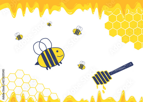 Honeycomb beehive with hexagon grid cells and flying bees cartoon with liquid honey dipper, on white background with puddles and drops of honey, vector illustration
