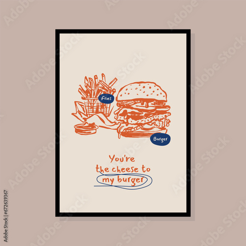 Minimalist hand drawn fast food vector illustration collection. Art for postcards, branding, logo design, background.