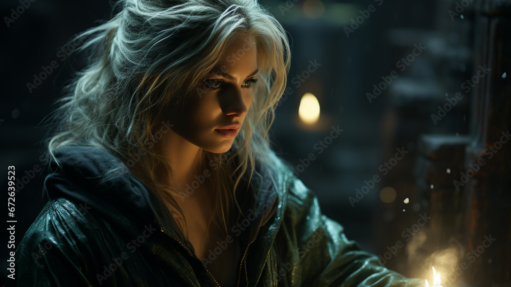 Strong female fantasy character. Woman in dark outdoor surroundings. Strong female fantasy character. Woman in dark outdoor surroundings.