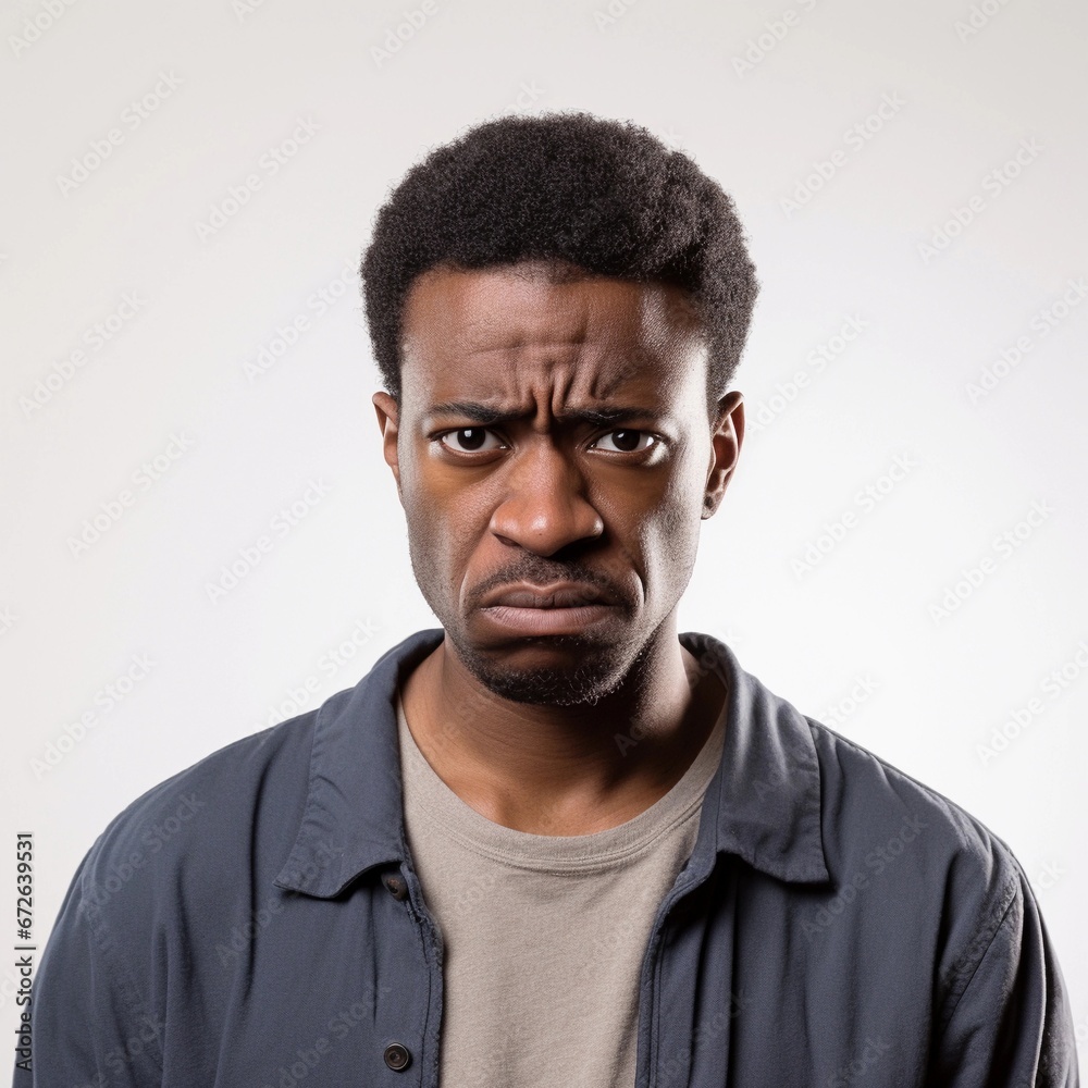 Obraz premium Portrait of a black male with frustrated expression against white background, AI generated, background image