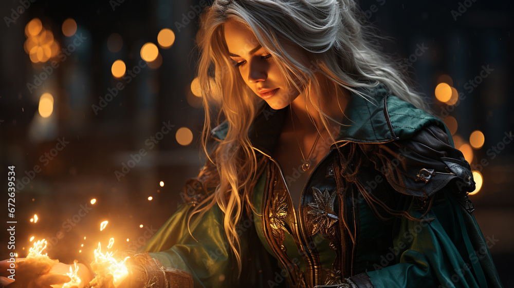 Strong female fantasy character. Woman in dark outdoor surroundings.