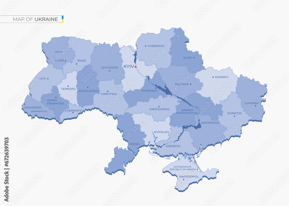 Map of Ukraine. The map shows cities and their regions. Each area and border can be selected and repainted a different color as desired. Vector illustration.