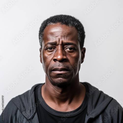 Portrait of a black male with very sad expression against white background, AI generated, background image