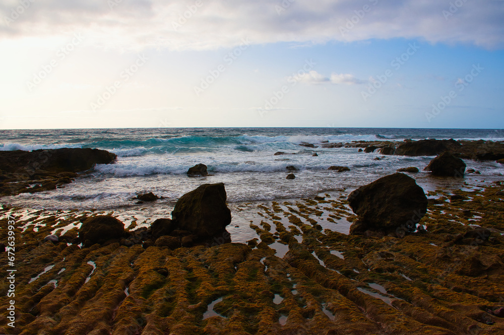 The dune, rocks and puddles at low tide at dawn