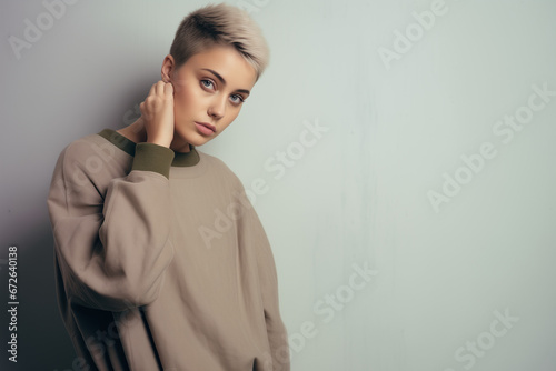 Portrait of a fictional young short haired model with large clothes posing on a neutral background. Generative AI.