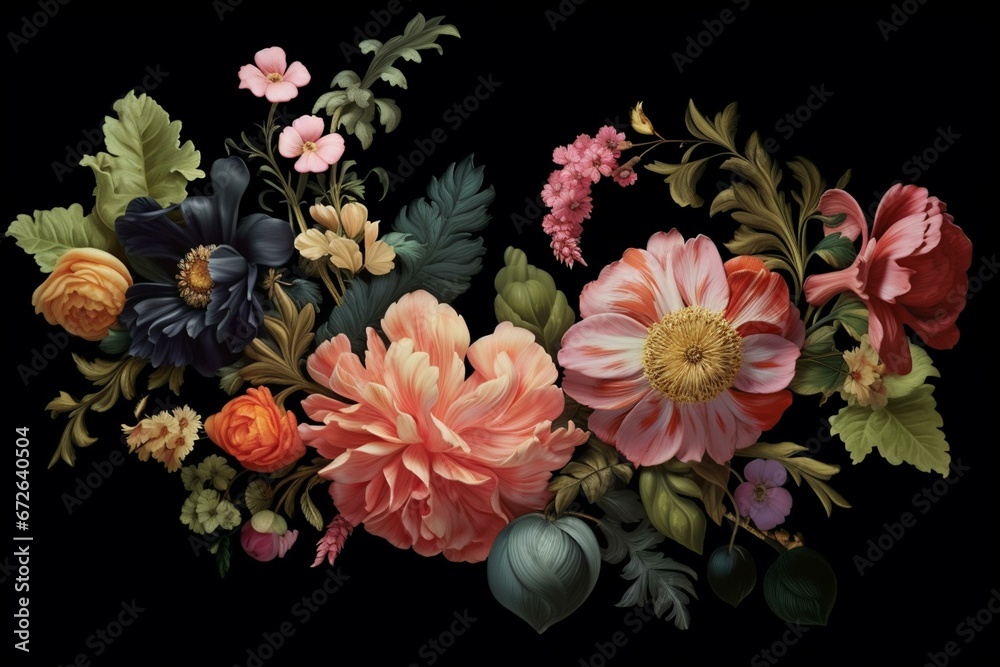 An image showing a floral arrangement with flowers and leaves in the center on a black background. Generative AI