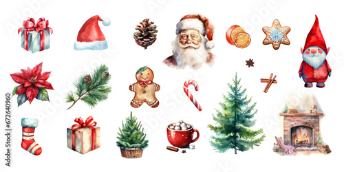 Set of christmas watercolor elements. Holidays clipart for christmas card, sticker and print.