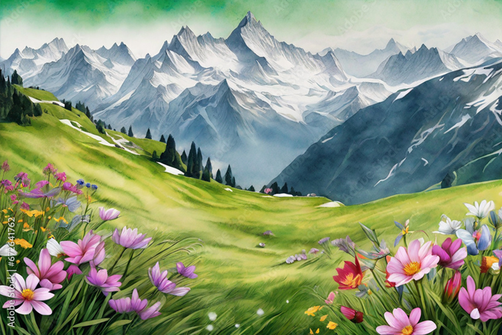 Beautiful Snow-covered hills in the distance view landscape with sky, clouds and colorfull digital painting, Beautiful field of tulips
growing on the slope.
Beautiful Snow-covered hills in the distance view landscape with sky, clouds and colorfull digital painting, Beautiful field of tulips
growing on the slope.
