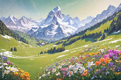 Beautiful Snow-covered hills in the distance view landscape with sky, clouds and colorfull digital painting, Beautiful field of tulips growing on the slope. 