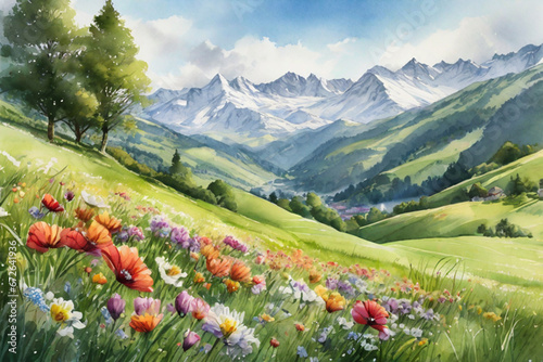  Beautiful Snow-covered hills in the distance view landscape with sky, clouds and colorfull digital painting, Beautiful field of tulips growing on the slope. 