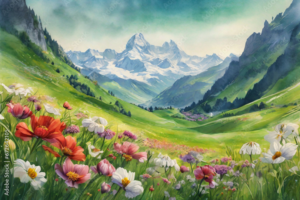 Obraz premium Beautiful Snow-covered hills in the distance view landscape with sky, clouds and colorfull digital painting, Beautiful field of tulips growing on the slope. 