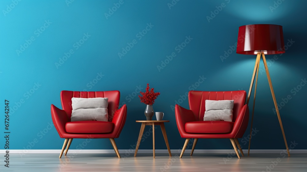 Obraz premium Modern living room with two chair and little table. Blue and red colors