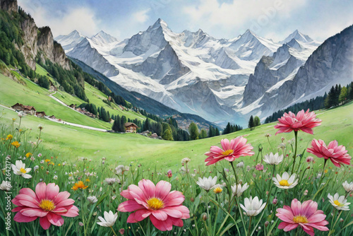  Beautiful Snow-covered hills in the distance view landscape with sky, clouds and colorfull digital  painting, Beautiful field of tulips  growing on the slope.  © Naima’s Creation