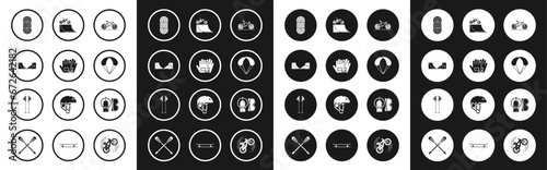 Set Bicycle, Gloves, Skate park, Climber rope, Parachute, on street ramp, Diving mask and aqualung and Ski poles icon. Vector