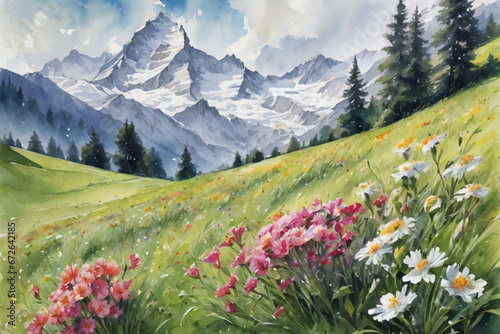  Beautiful Snow-covered hills in the distance view landscape with sky, clouds and colorfull digital painting, Beautiful field of tulips growing on the slope. 