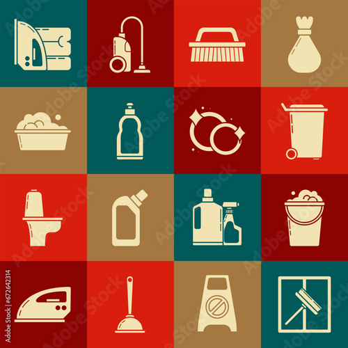 Set Squeegee, wiper, Bucket with foam and bubbles, Trash can, Brush for cleaning, Plastic bottles liquid dishwashing liquid, basin soap suds, Electric iron towel and Washing dishes icon. Vector
