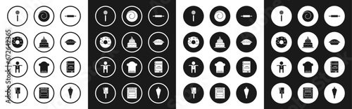 Set Rolling pin, Cake, Donut with sweet glaze, Strainer spoon, Homemade pie, bun cinnamon, Cookbook and Holiday gingerbread man cookie icon. Vector