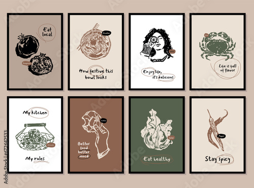 Minimalist hand drawn food and drink vector illustration collection. Art for postcards, branding, logo design, background.