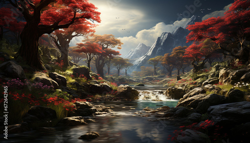 Nature beauty painted in acrylic, a fantasy landscape of mountains generated by AI