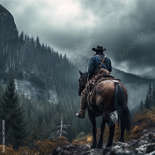 A tough cowboy on his horse in the countryside surrounded by mountains. Overcast day. Great for stories of adventure  countryside  the Wild West  wilderness  ranchers and more.