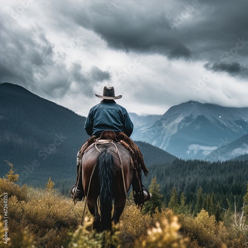 A tough cowboy on his horse in the countryside surrounded by mountains. Overcast day. Great for stories of adventure  countryside  the Wild West  wilderness  ranchers and more.