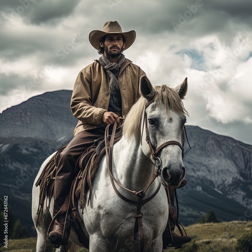 A tough cowboy on his horse in the countryside surrounded by mountains. Overcast day. Great for stories of adventure, countryside, the Wild West, wilderness, ranchers and more.