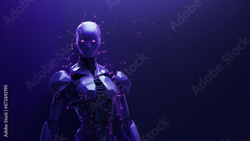 A robotic body  Head is in the background with links and circles  in the style of futuristic robots  light violet and dark navy  focus on materials  metallic surfaces