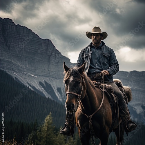 A tough cowboy on his horse in the countryside surrounded by mountains. Overcast day. Great for stories of adventure, countryside, the Wild West, wilderness, ranchers and more.