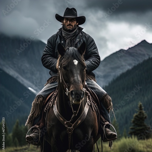 A tough cowboy on his horse in the countryside surrounded by mountains. Overcast day. Great for stories of adventure, countryside, the Wild West, wilderness, ranchers and more. © Virtual Actors