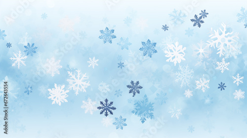 Błękitne zimowe świąteczne tło na baner, tapetę. Płatki śniegu, śnieżynki.  © yeseyes9