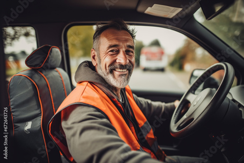 Portrait of Delivery man driving van with packages on the front seat, Happy mature courier in truck, Portrait of confident express courier driving his delivery van
