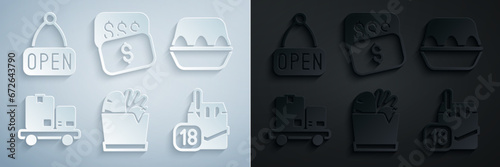 Set Shopping bag and food, Chicken egg box, Hand truck boxes, Cigarettes pack, New price tag dollar and Hanging sign with Open icon. Vector