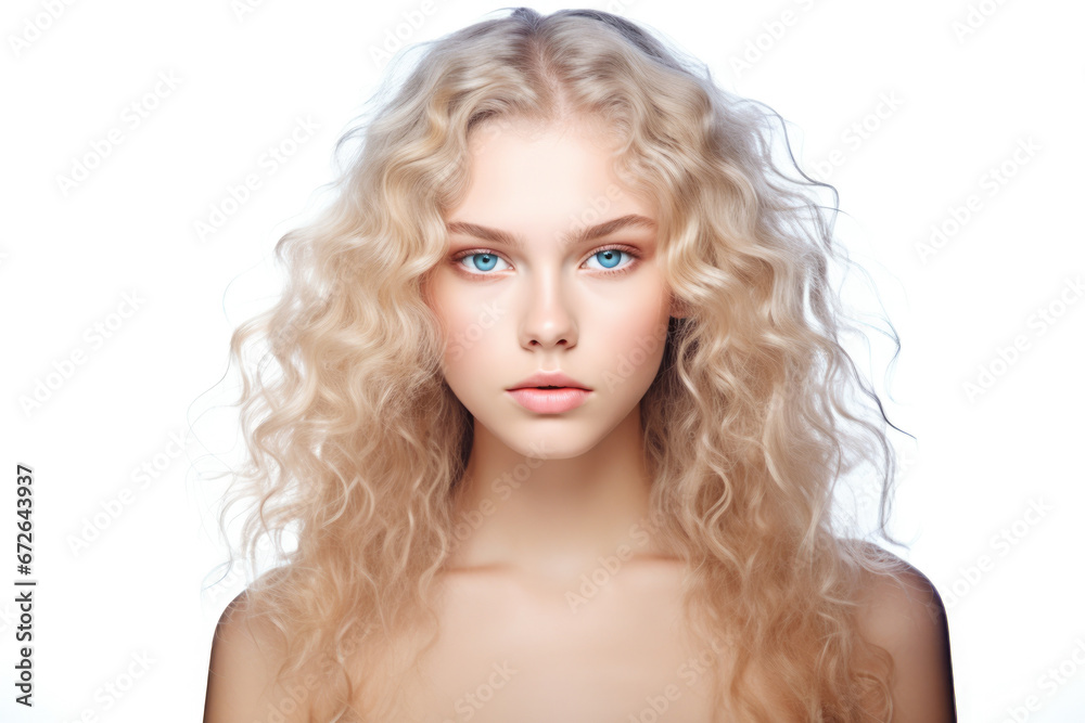 A beautiful blonde woman with curly hair and blue eyes.