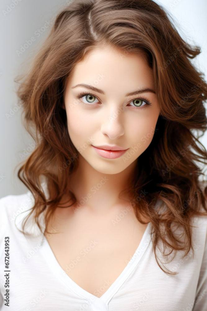 Portrait of pretty woman in white shirt with green eyes and brown hair.