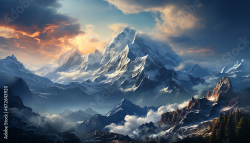 Majestic mountain peak, snow capped, sky painted with stunning sunset generated by AI