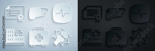 Set First aid kit, Heart rate, Hospital building, Joint pain, knee pain, Human organ liver and Certificate template icon. Vector