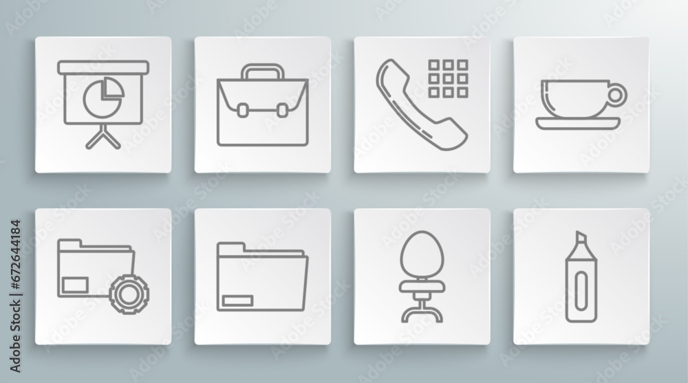 Set line Folder settings with gears, Office chair, Marker pen, Telephone handset, Coffee cup flat and Presentation financial board graph, schedule, chart, diagram, infographic, pie graph icon. Vector Set line Folder settings with gears, Office chair, Marker pen, Telephone handset, Coffee cup flat and Presentation financial board graph, schedule, chart, diagram, infographic, pie graph icon. Vector